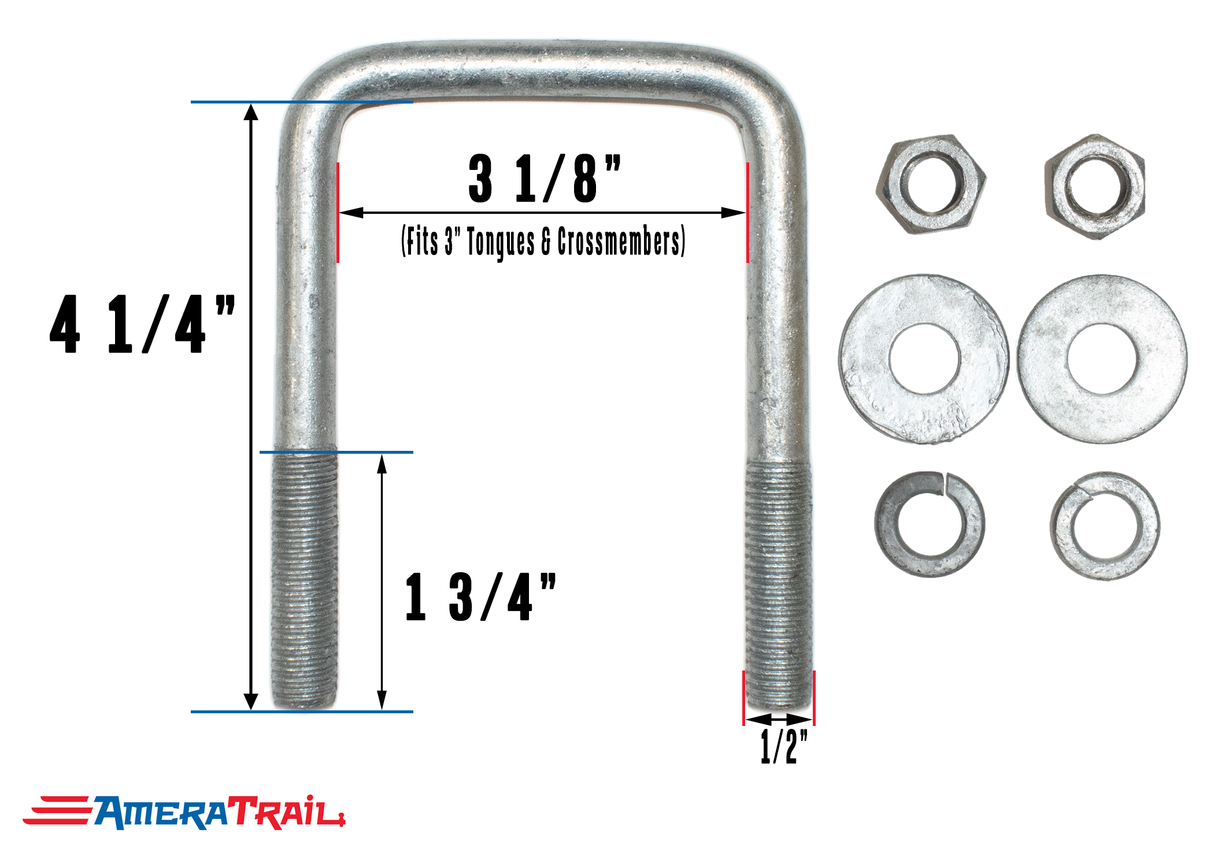 Galvanized U Bolt 3 1/8" x 4 1/4" x 1/2" w/ 2 Flat Washers, 2 Lock Washers, & 2 Nuts