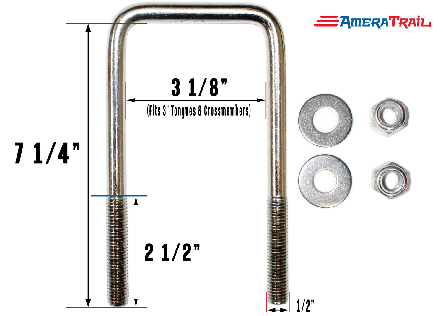 Stainless Steel U Bolt 3 1/8" x 7 1/4" x 1/2" w/ 2 Washers and Lock Nuts - Pre-Anti Seized