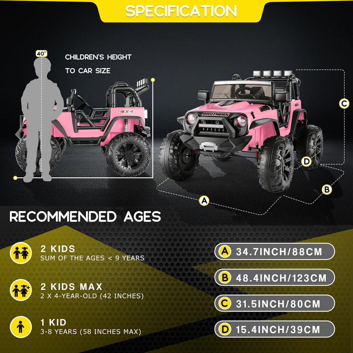 400W 2-Seater Electric Jeep for Kids with LED Lights and 24V Power