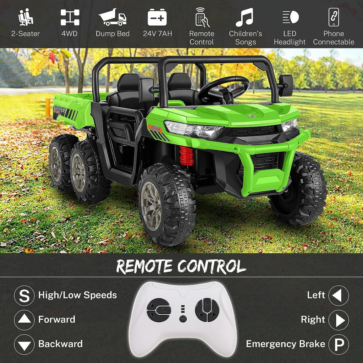 6x6 Ride On UTV Truck with Dump Bed, 6 Suspension, and 4WD - Perfect for Kids with LED Lights and Remote Control