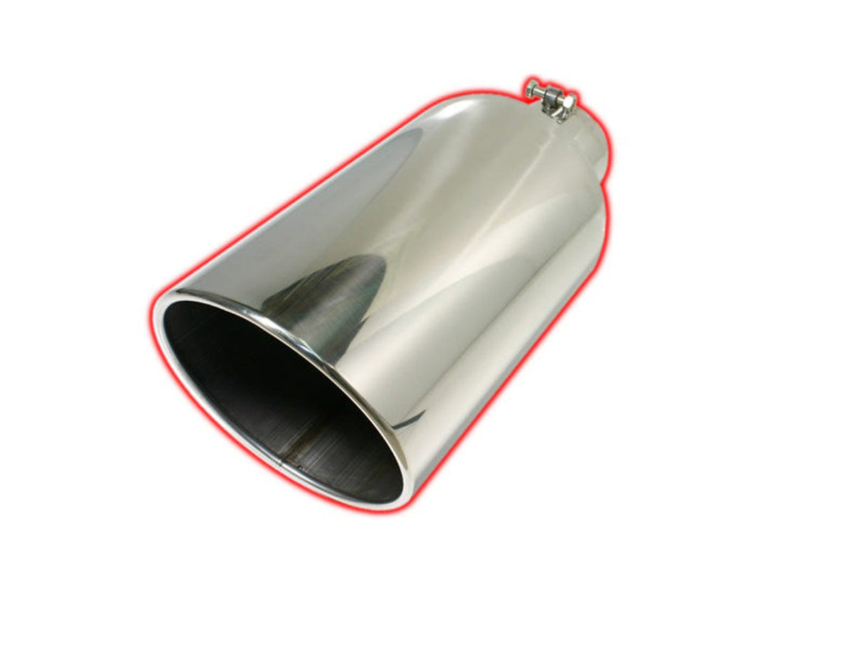 Rolled Angle Cut Exhaust Tip, Polished 304 Stainless, Bolt On, 5" Inlet, 8" Outlet, 15" Length, Universal SCS