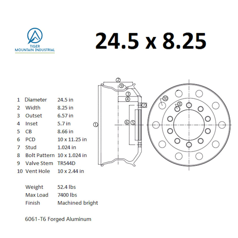 24.5x8.25 Truck Wheels 4pcs Forged Aluminum Rims Machined Bright