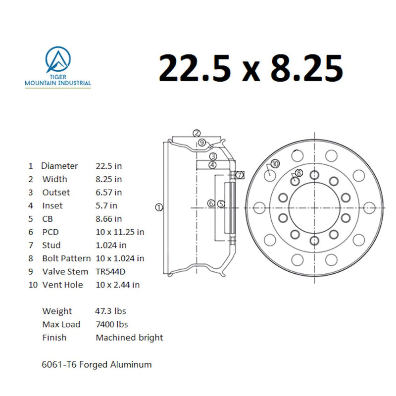 22.5x8.25 Truck Wheels 2pcs Forged Aluminum Rims $238 each BULK PRICE Machined Bright Hub-Piloted