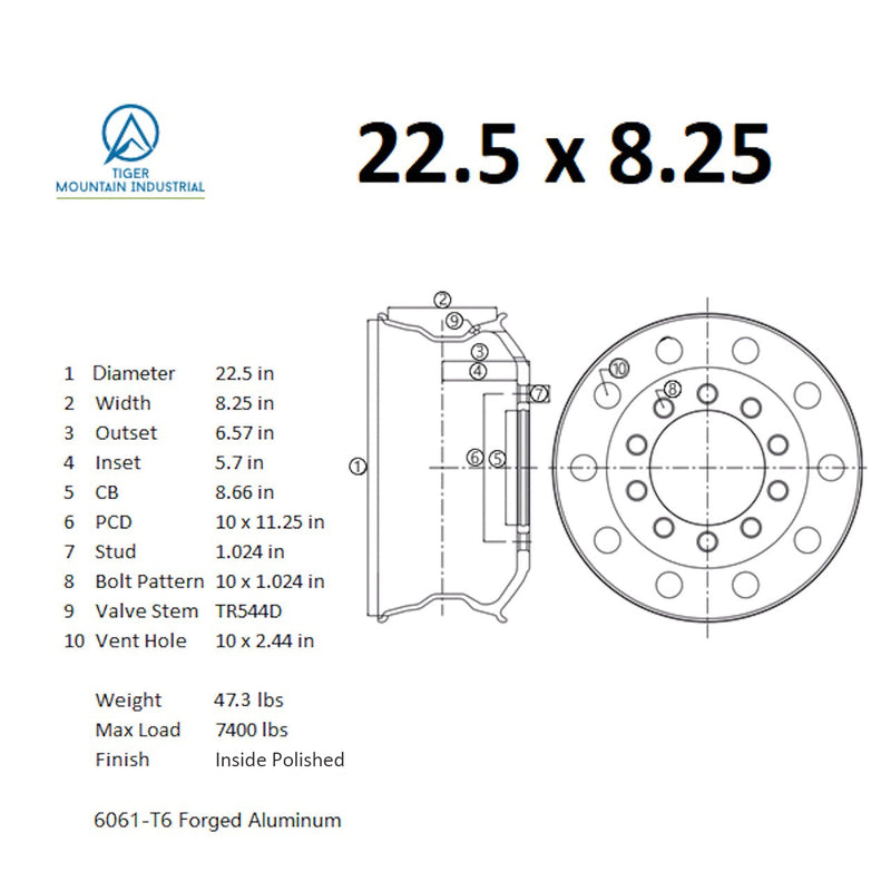 22.5x8.25 Truck Wheels 4pcs Forged Aluminum Rims $235 each BULK PRICE Both-Side Polished Mirror Hub-Piloted