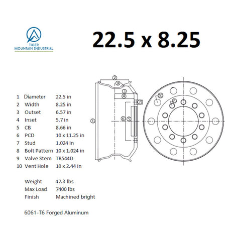 Truck Wheels 22.5x8.25 Alcoa Style Forged Aluminum Rims Machined Bright Hub-Piloted