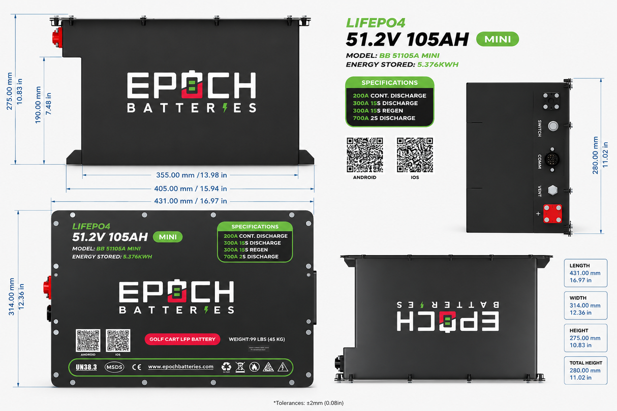 Epoch Batteries 48V 105Ah Mini LiFePO4 Golf Cart Battery Complete Kit