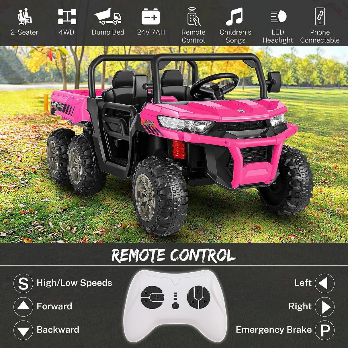 6-Wheel 24V UTV Ride-On with Dump Bed and 4WD Power