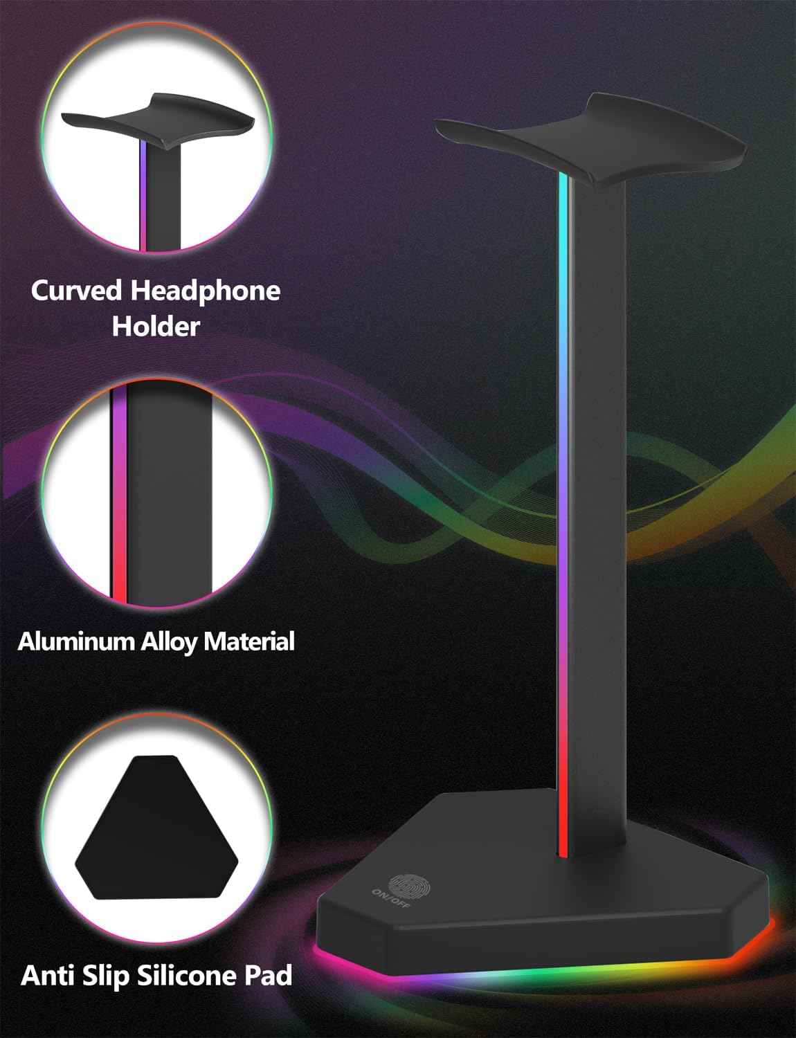 RGB Headphone Stand with USB-C Hub, 3 Charging Ports, 7 RGB Modes, Non-Slip Base, Black TekShack