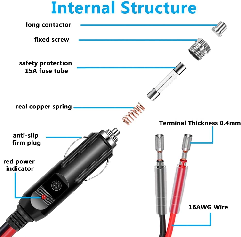 12V Fused Cigarette Lighter Plug w/ LED – 16AWG, 15A Fuse TekShack