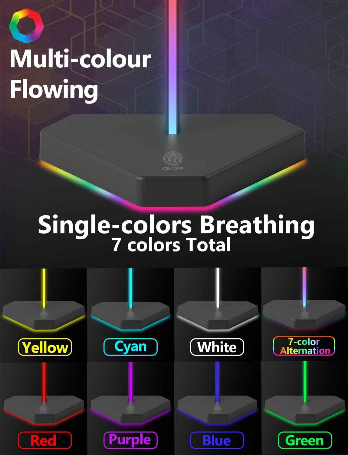 RGB Headphone Stand with USB-C Hub, 3 Charging Ports, 7 RGB Modes, Non-Slip Base, Black TekShack