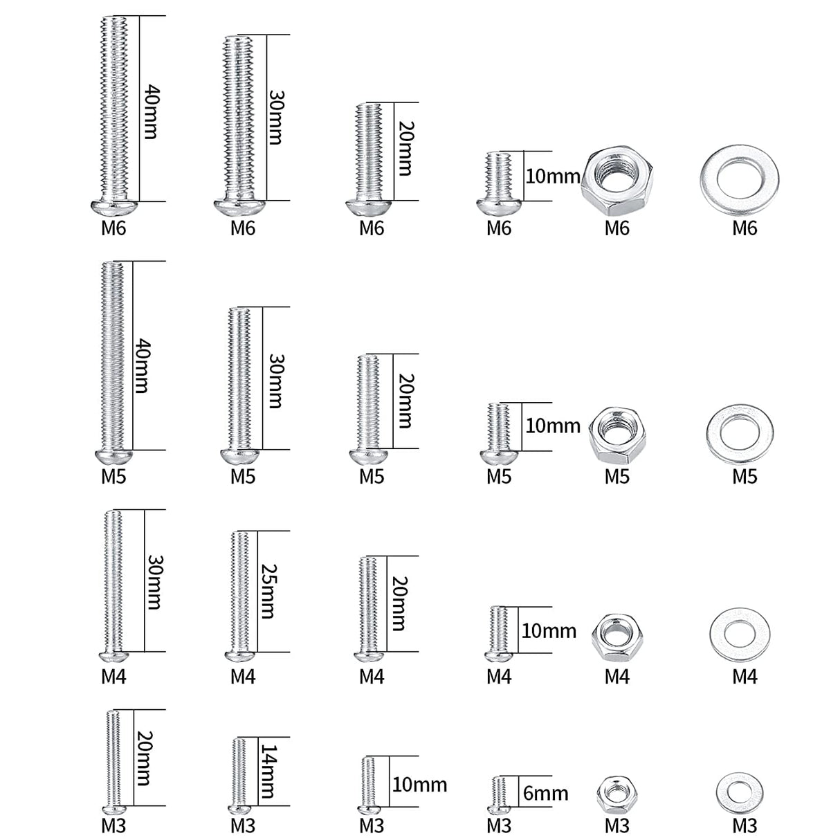 Metric Bolt Assortment with Nuts and Flat Washers, M3/M4/M5/M6 Cross Slotted Round Head Machine Screws TekShack