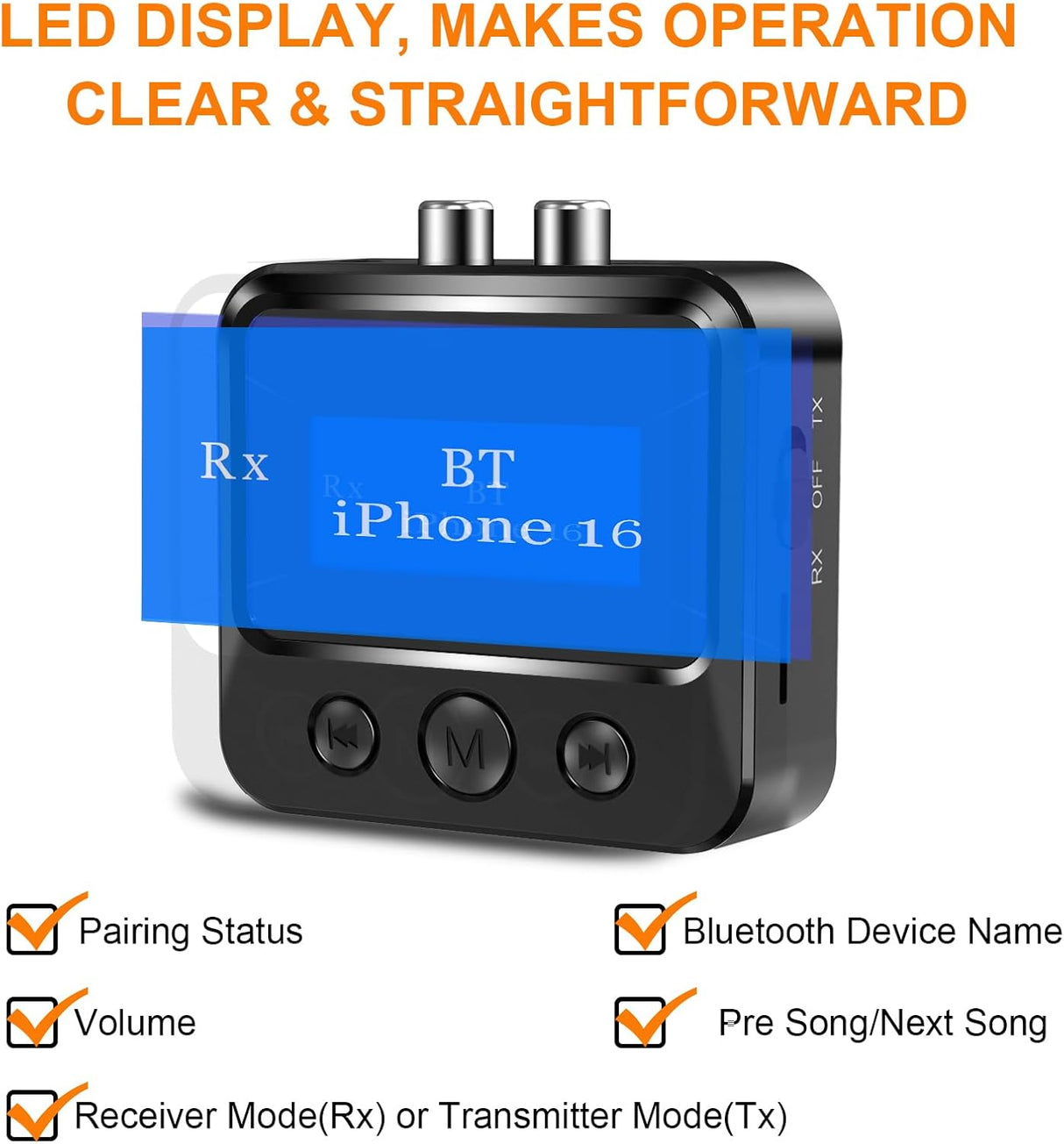 Bluetooth Transmitter Receiver – RCA, AUX, LCD, 33ft Range TekShack