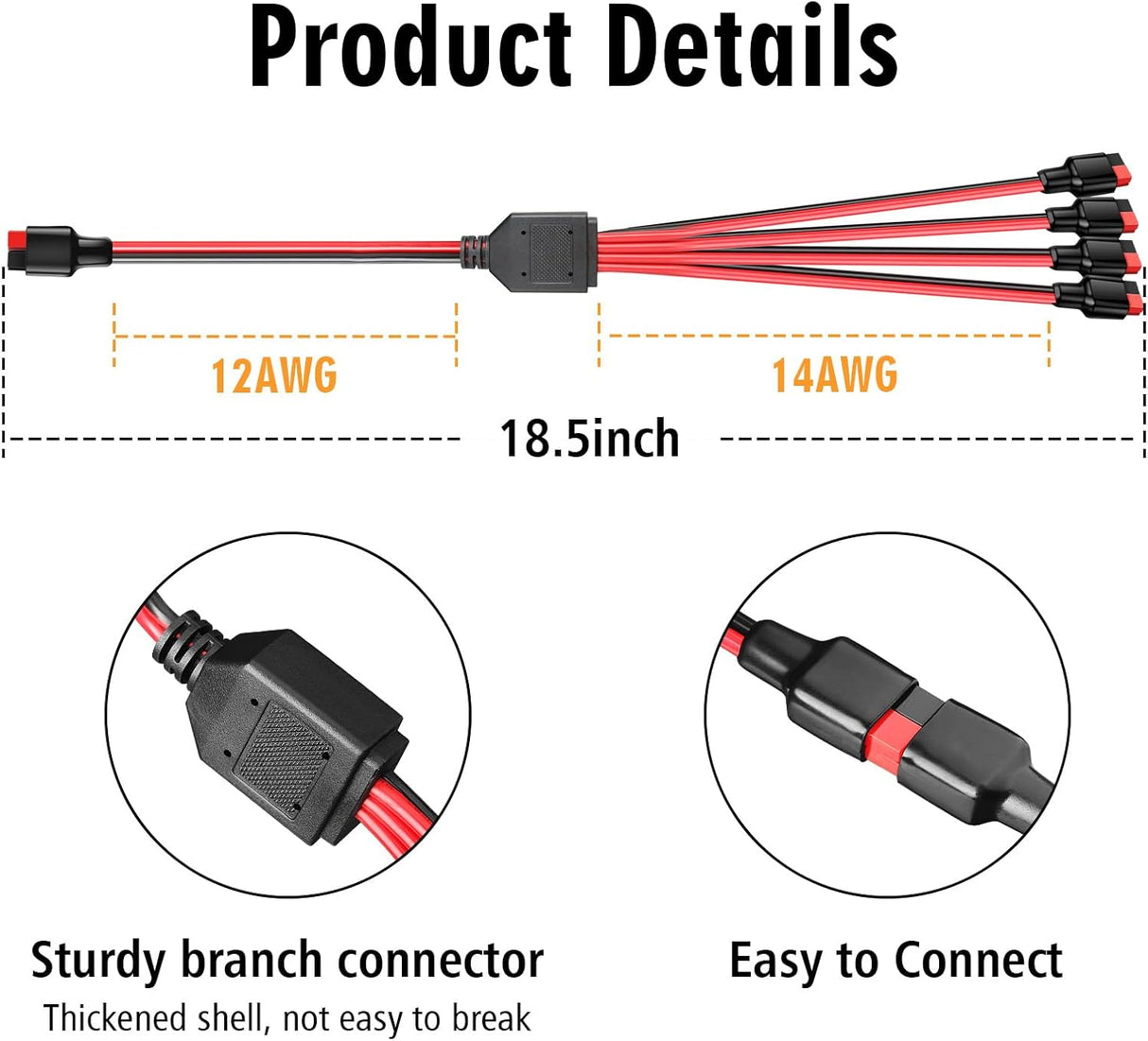 Anderson 1-to-4 Y Splitter Cable Solar Panel Parallel Connector 18.5" (1 Per Pack) TekShack
