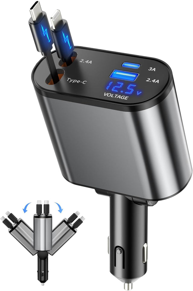Retractable Car Charger – 4-in-1 USB-C & USB-A, Fast Charging, 180° Swivel TekShack