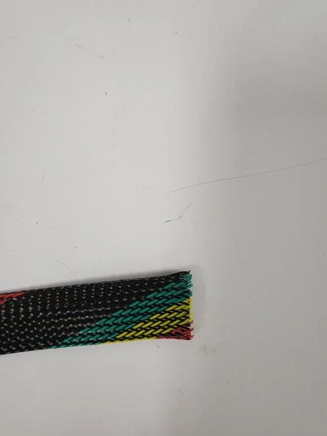 25 FT 3/4" BLACK WITH RED YELLOW GREEN STRIPE PET EXPANDO SLEEVING BRAID AC/DC WIRE AND SUPPLY