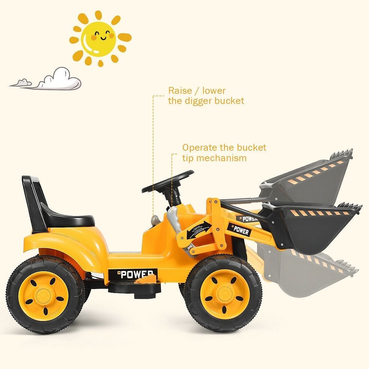 6V Battery Powered Kids Excavator Digger Tractor - Yellow