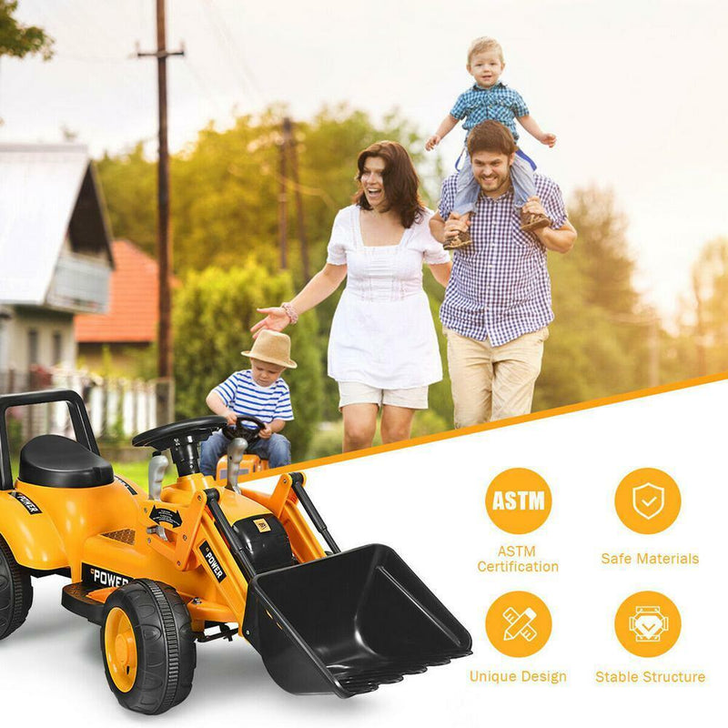 6V Battery Powered Kids Excavator Digger with Digging Bucket - Yellow Tractor Toy