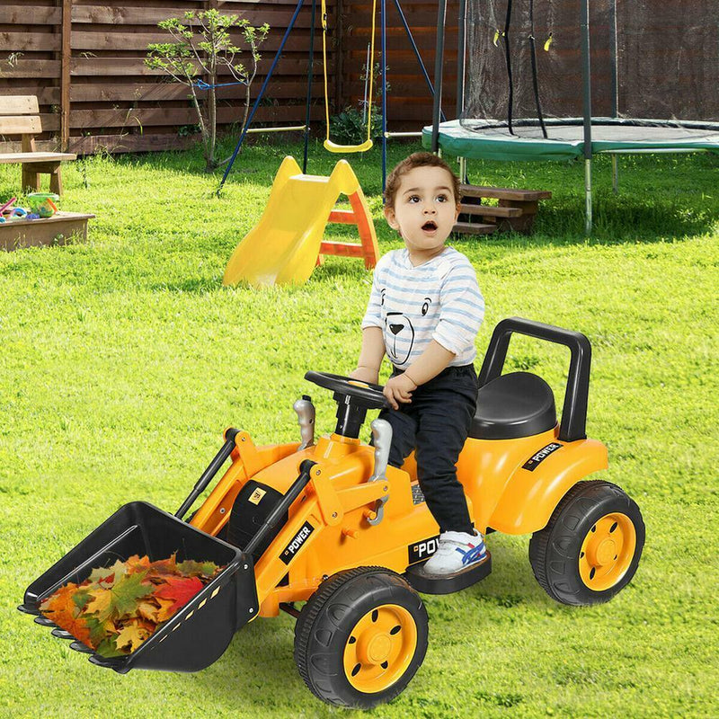 6V Battery Powered Kids Excavator Digger with Digging Bucket - Yellow Tractor Toy