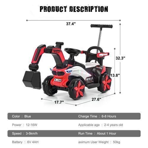 6V Battery-Powered Kids Excavator Tractor with LED Headlight, Helmet, and Rear Box