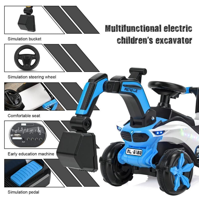 6v Electric Excavator Toy Car with Bluetooth, Helmet, and Rear Features for Kids