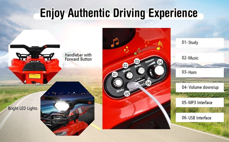 6V Kids ATV Quad Electric Ride On Car with LED Light & MP3 Player - Perfect Gift for Toddlers