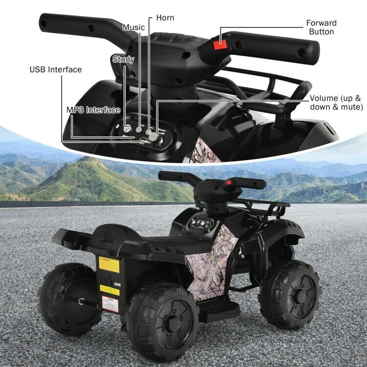 6V Kids Electric Ride On Quad Car with LED Lights and MP3 Player - Black