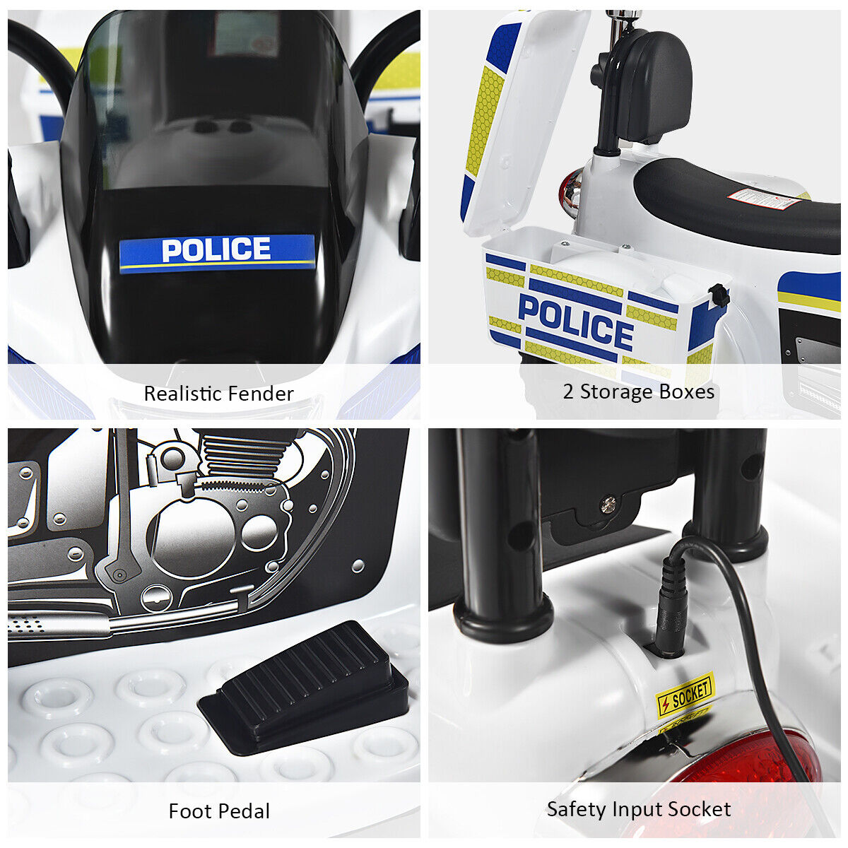 Police Motorcycle Trike for Kids with Headlight and Flashing Siren - 6V 3-Wheel Ride On