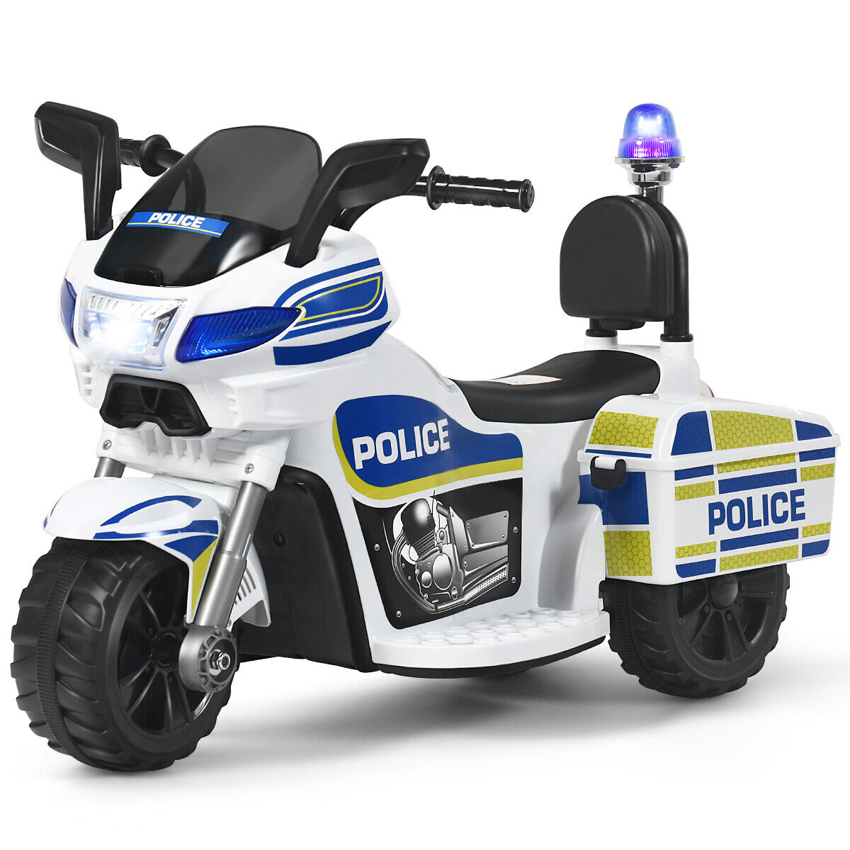 Police Motorcycle Trike for Kids with Headlight and Flashing Siren - 6V 3-Wheel Ride On