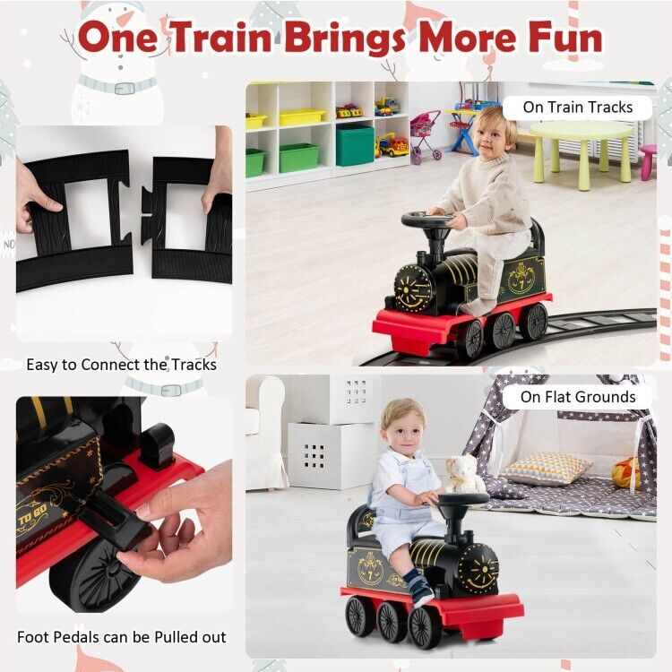 6V Ride On Train Electric Toy Car with Track, Lights, Music, and Storage for Toddlers - Black