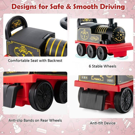 6V Ride On Train Electric Toy Car with Track, Lights, Music, and Storage for Toddlers - Black