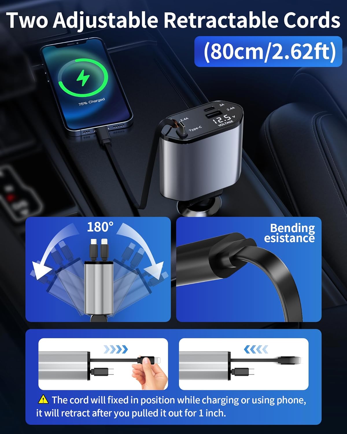 Retractable Car Charger – 4-in-1 USB-C & USB-A, Fast Charging, 180° Swivel TekShack