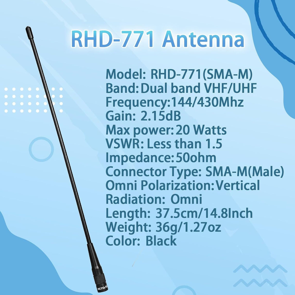 Retevis 14.8in SMA-M Dual Band Whip - Handheld Radio Antenna Retevis