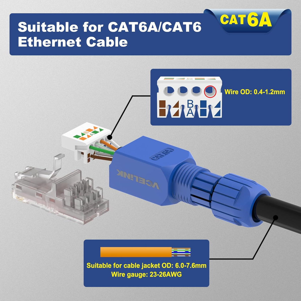 RJ45 CAT6A Tool-Free Plug – 6 Pack, Gold-Plated UTP for 23–26AWG VCELINK