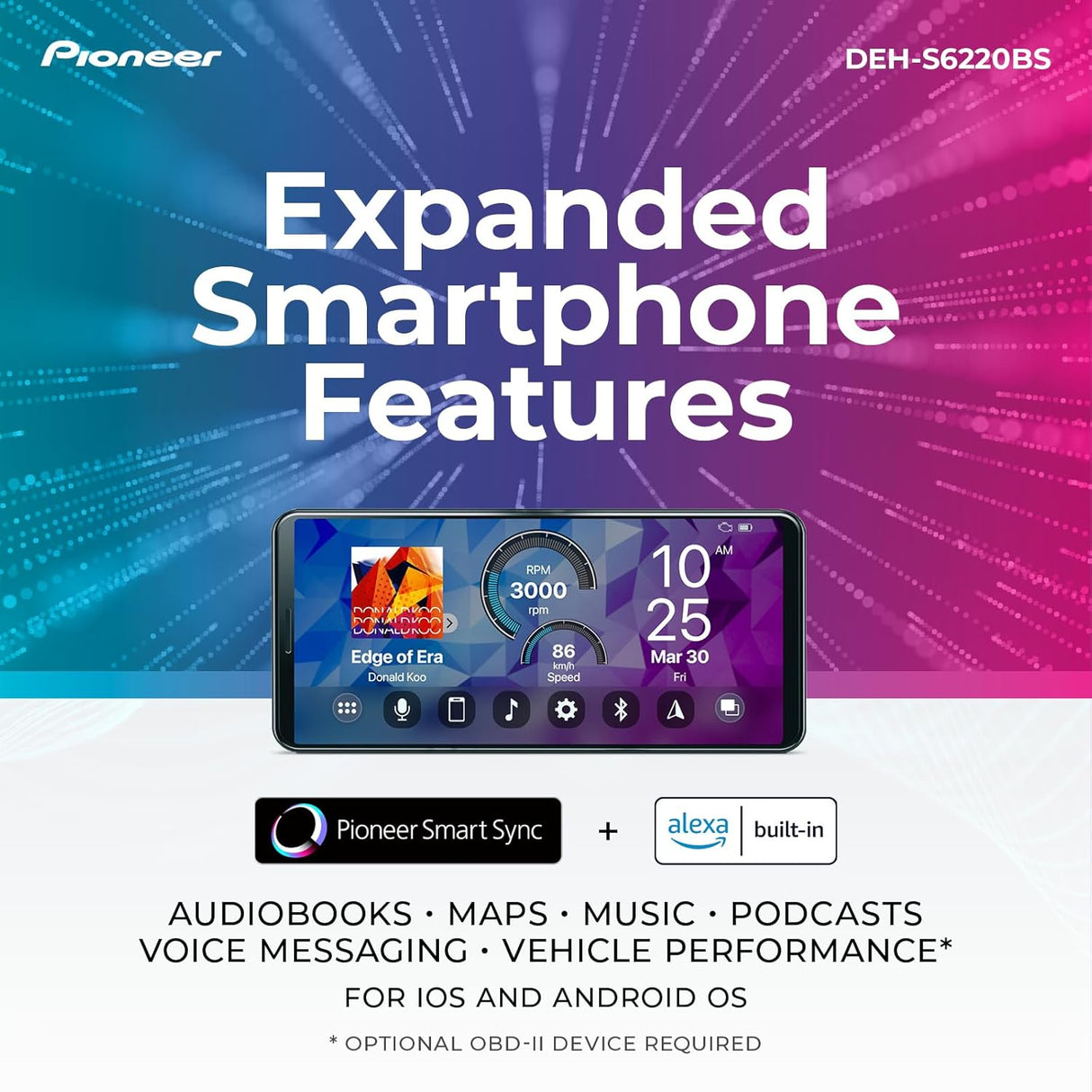 Pioneer DEH-S6220BS Single DIN CD Receiver with Bluetooth, Amazon Alexa & Detachable Faceplate Pioneer