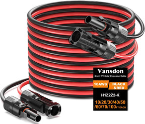 2x20FT Solar Panel Extension Cable 10AWG – Male/Female Waterproof Connectors – Red & Black Solar Cable for RV, PV Systems TekShack