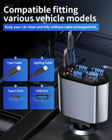 Retractable Car Charger – 4-in-1 USB-C & USB-A, Fast Charging, 180° Swivel TekShack