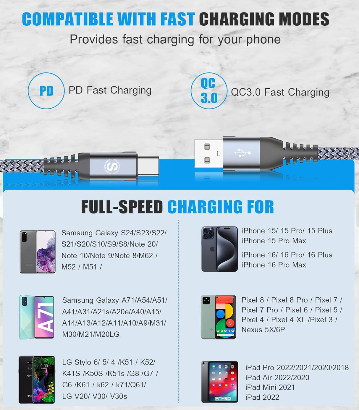 USB Type-C Charger Cable 10ft 3.1A Fast Charging & Sync TekShack