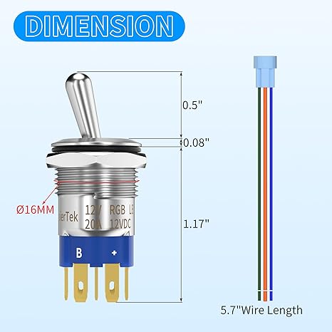 12V Waterproof Toggle Switch IP67 12 Volt LED RGB(RED Green Blue) 16mm Pre-Wired for Car Boat Marine