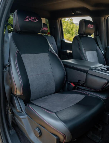 PRP 2021+ Ford 150/ 2023+ SuperDuty Front Seat Covers (Pair) - Black w/ Red Stich