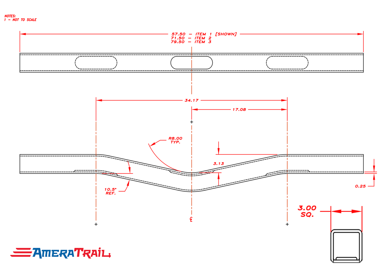 59 X 3 X 3" V Bend Cross Member, 1/4" Wall, Structural Aluminum