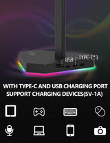 RGB Headphone Stand with USB-C Hub, 3 Charging Ports, 7 RGB Modes, Non-Slip Base, Black TekShack