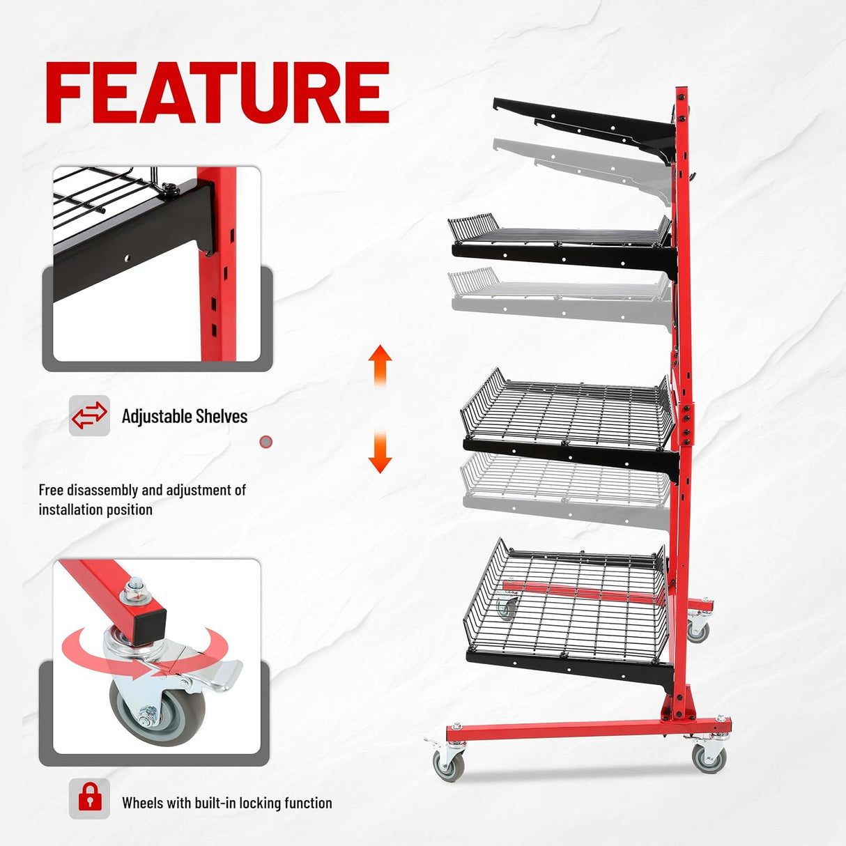 Rolling 3 Shelf Auto Body Parts Storage Rack Steel Red