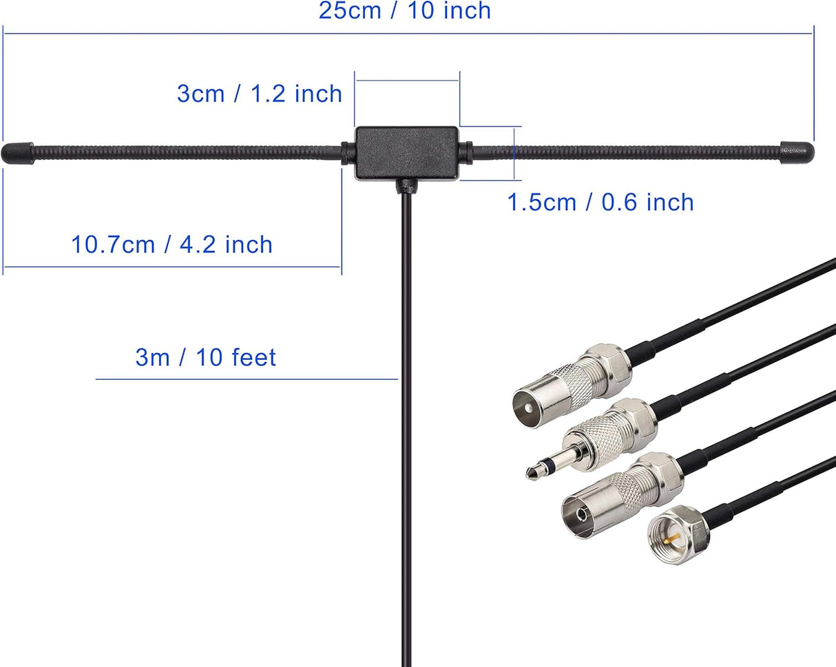 FM Radio Dipole Antenna – 75 Ohm Adhesive Mount with 10ft Cable & Universal Adapter Kit TekShack