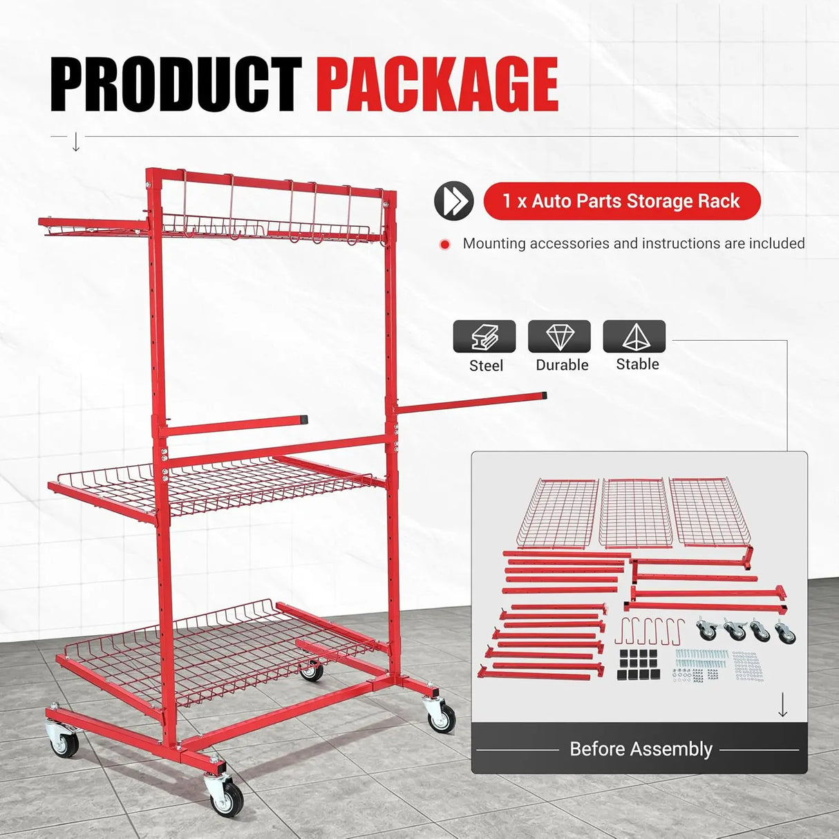 ALMULOO Auto Parts Storage Rack for VW Type 1 Bugs Red VC-0372 1 Each