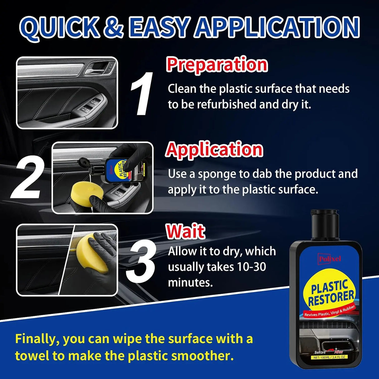 Polixel Plastic Restorer for Cars Faded Trim Bumper Interior PLASTIC 3.4oz 1 Each