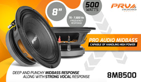 PRV AUDIO - 8" Mid Bass - Stamped Steel Basket - 2"VC- 500W Program Power- 8 Ohm ALTA GAMA CAR AUDIO