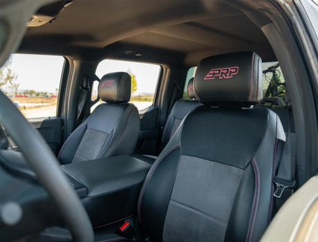 PRP 2021+ Ford 150/ 2023+ SuperDuty Front Seat Covers (Pair) - Black w/ Red Stich
