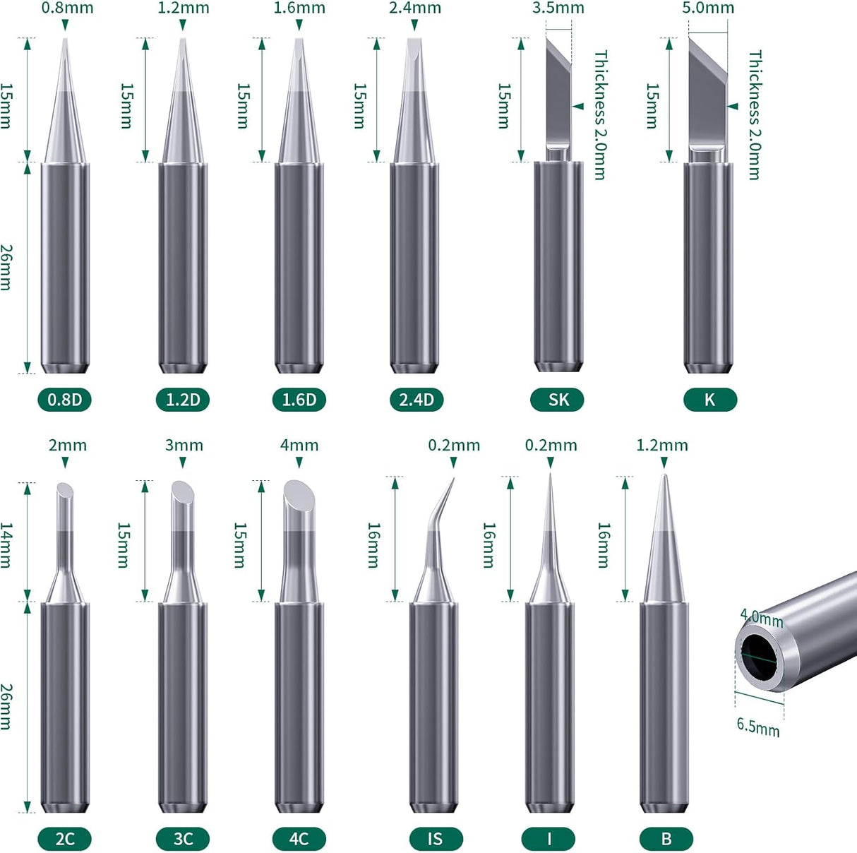 900M 12pc Soldering Iron Tips for Hakko, Yihua, Atten, Quick, Ryobi, and More TekShack