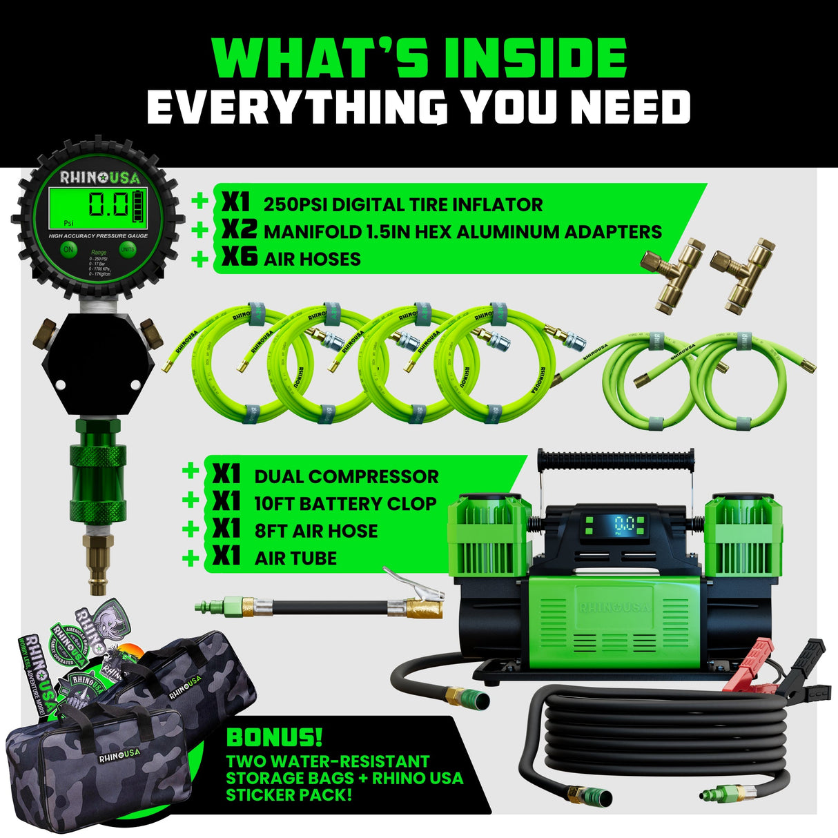 Dual Air Compressor + 4-Wheel Inflator Bundle