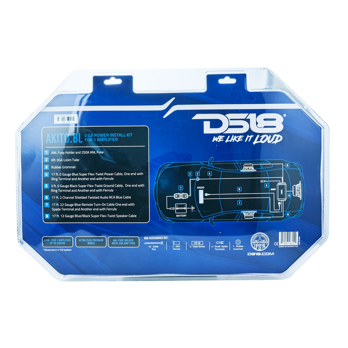0-GA Amplifier Installation Wiring Kit - Blue